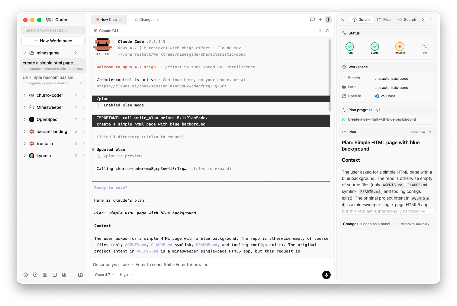 Churro Coder with the native Claude CLI embedded inside the UI — the plan, tasks, and status panels keep updating in real time even when you drive the agent from the native CLI